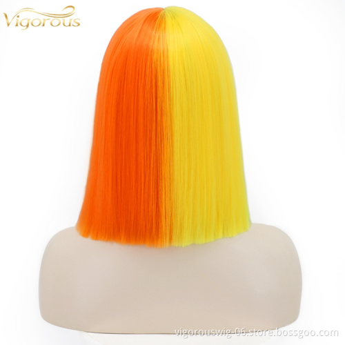 Colorful Cosplay Half Yellow And Orang Short Bob with Bangs Synthetic Wig Glueless Heat Resistant Hair None Lace Wig Top Sell